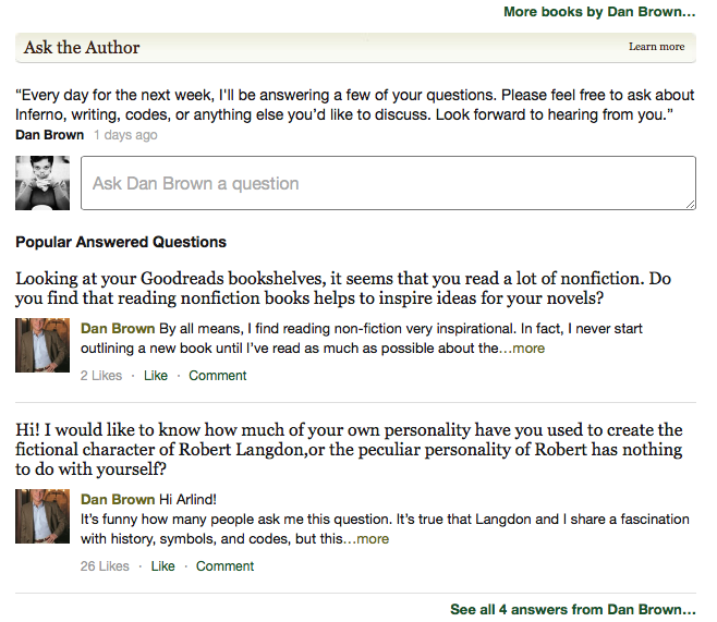 Dan Brown answers on Goodreads